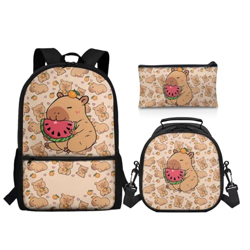 3 PCS Cartooon Capybara Backpacks for School Kid Girl's School Backpack Bookbag with Reusable Lunch Box Pencil Case Pouch Large 17 Inch Travel Daypack Set - color: Capybara