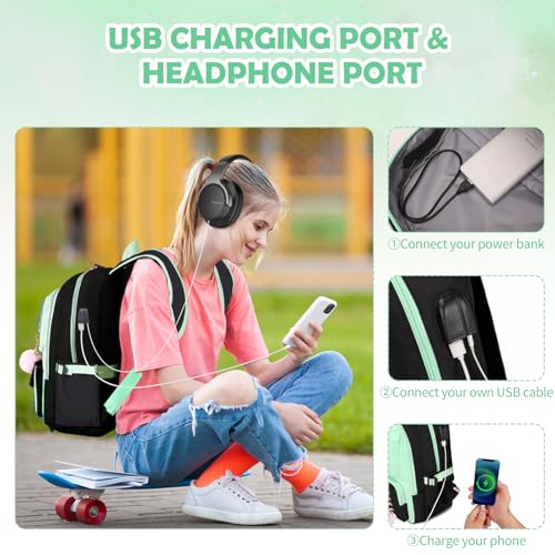 Backpacks for Girls, Girls Backpack with Lunch Box and Pencil Case for Teen Kid Elementary Middle High School College Student, Children Backpack Bookbag with USB Charging Port (Black Green with Chain) - color: Black & Green With Chain
