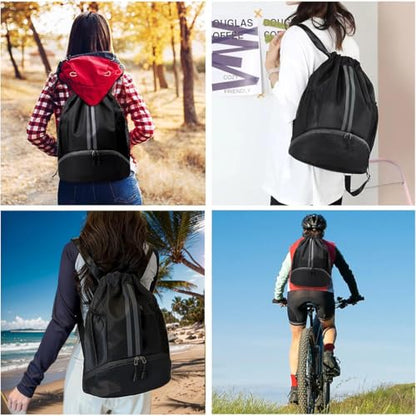 Drawstring Backpack Gym Bag with Shoes Compartment, Dry and Wet Separation