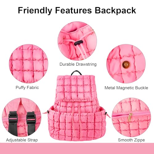XSUIOY Quilted Backpack Purse for Women Small Lightweight Puffer Puffy College Laptop Backpack Nylon Casual Bookbag Daypack Top Flap Drawstring Padding Hiker Travel Gym Backpack(Pink) - color: Pink