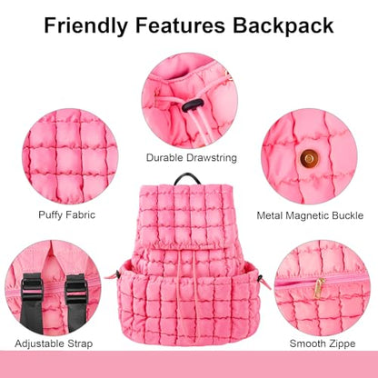 XSUIOY Quilted Backpack Purse for Women Small Lightweight Puffer Puffy College Laptop Backpack Nylon Casual Bookbag Daypack Top Flap Drawstring Padding Hiker Travel Gym Backpack(Pink) - color: Pink