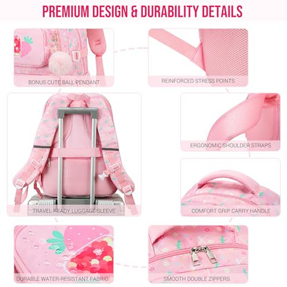Makukke Girls School Backpack Set, Cute Strawberry Bag with Lunch Box & Pencil Case, Lightweight Durable Bookbag for Elementary Middle - color: Strawberry-Blue
