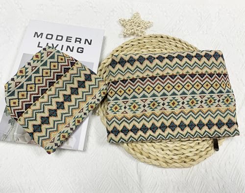 getgto 2 Pcs Makeup Bags, Large Cosmetic Bag Travel Toiletry Bag Organizer for Women, Embroidery Craft, Stripe Makeup Bag Small Cosmetic Pouch Purse with Zipper Gifts for Girls Teen - color: Brown wave