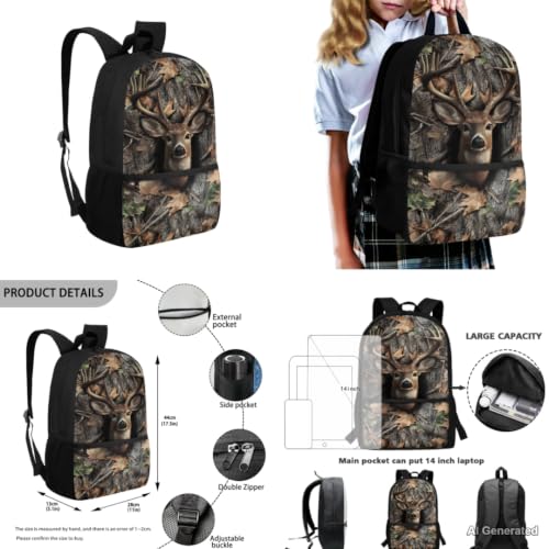 Deer Camo Backpack for Boys Backpacks with Lunch Box Water Bottle Holder Zipper Pencil Case 4PCS Set 6th Grade Backpack for Girls Kids Bookbag for Kindergarten Primary School Bags - color: Deer Camo