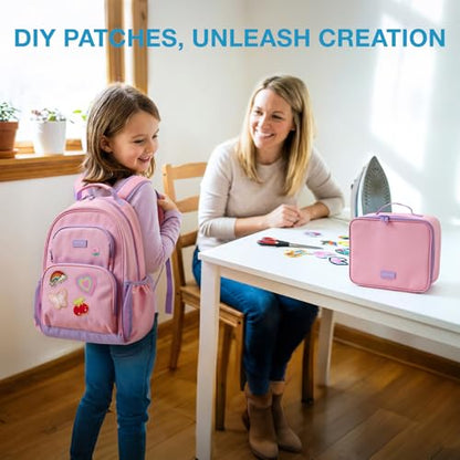 mommore Kids Backpack for Boys Girls 4-8 Kindergarten Elementary School Backpack with Lunch Box - 15” H Fit Folder - color: Pink Purple-custom, style: 3 Pcs