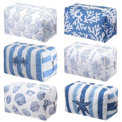 Hillban 6 Pcs Ocean Quilted Cosmetic Bags Coastal Themed Gifts Ocean Aesthetic Essential Makeup Bags Starfish Coral Seashell Beach Kit for Women Travel Vacation Accessories (Coastal) - style: Coastal