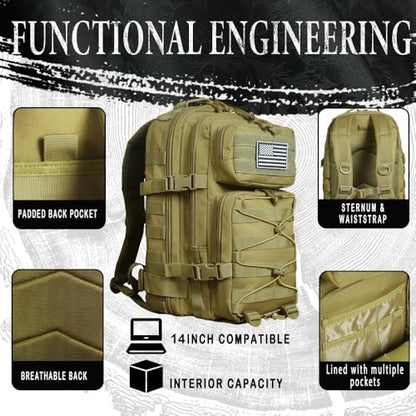 Military Tactical Backpack for Men Army 1 Day Assault Pack Molle Bag Bug Out Bag 26L - color: Khaki, size: 26L