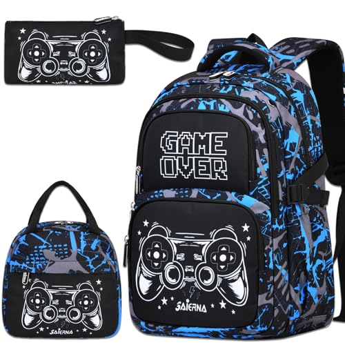 3PCS Kids Backpack Set, School Backpack with Lunch Bag & Pencil Case, Lightweight Waterproof Bookbag for Kids (Gamer Black Blue) - color: Gamer Black Blue