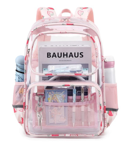 Sisipoet Clear Backpack for Girls with Strawberry Print, Heavy Duty Transparent Bookbag for School, Stadium, and Concert, Pink - color: Pink/Strawberry
