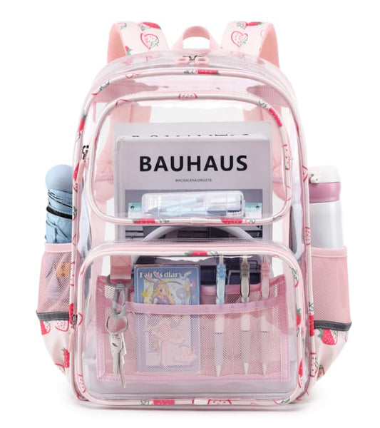 Sisipoet Clear Backpack for Girls with Strawberry Print, Heavy Duty Transparent Bookbag for School, Stadium, and Concert, Pink - color: Pink/Strawberry