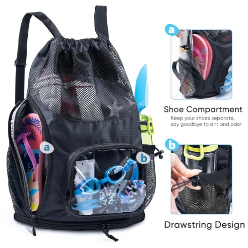 Mesh Drawstring Backpack with Shoe Compartment, Sandproof Beach Swim Bag with Wet Pocket, Pool Gym Shower Bag for Travel Summer Camp - color: Black, style: Style a