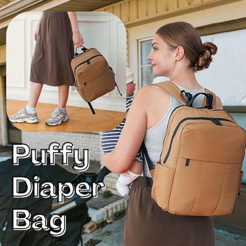 MOMINSIDE Diaper Bag Backpack - Large Puffer Diaper Bag - Neoprene Diaper Bag Quilted Baby Bag, Large Changing Pad, 15 Pockets, Lightweight, Brown - color: Brown