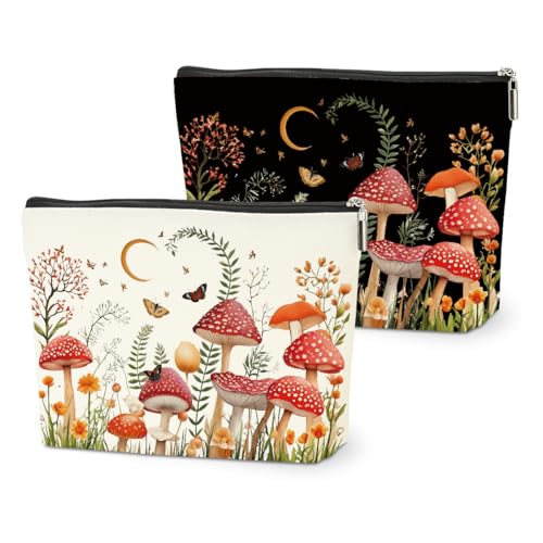 2 PCs Floral Mushroom Makeup Bag Mushroom Gifts Cosmetic Bag, Mushroom Stuff mushroom bag, Mushroom Gift for Women Girls Friends Coworkers Christmas birthday Gifts Botanical Zipper Pouch - color: Multicolor 0002