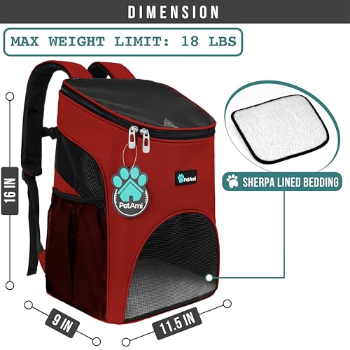 PetAmi Cat Backpack Carrier, Airline Approved Pet Carrier Backpack for Small Dogs and Large Cats, Soft Sided Collapsible Ventilated with Sherpa Bed for Hiking Travel, Max 18 lbs, Red - color: Red