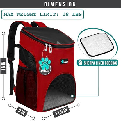 PetAmi Cat Backpack Carrier, Airline Approved Pet Carrier Backpack for Small Dogs and Large Cats, Soft Sided Collapsible Ventilated with Sherpa Bed for Hiking Travel, Max 18 lbs, Red - color: Red