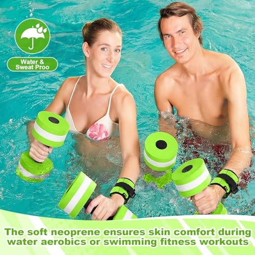 Hollowfly Water Aerobics Set, 4 Piece Pool Exercise Kit (2 Aquatic Dumbbells + 2 Ankle/wrist Weights), EVA Foam, Low-impact Workout - color: Green, size: 1lb
