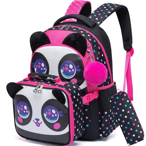 Panda Kids Backpacks for Girls School Bag with Lunch Box School Backpack for Girls Set Cute Bookbag for Kindergarten - color: Black Panda