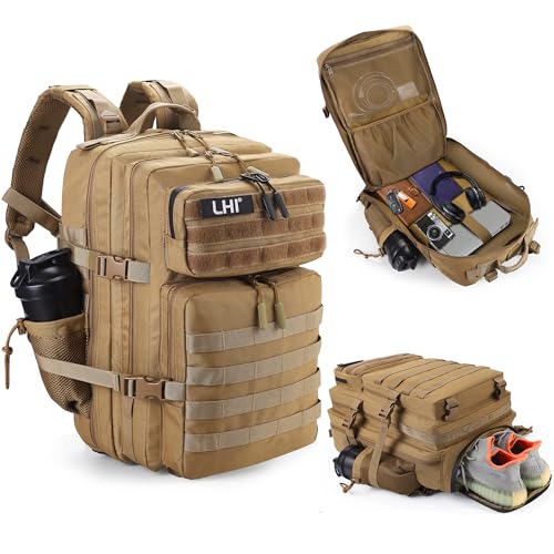 LHI Military Tactical Backpack for Men and Women 45L Army 3 Days Assault Pack Bag Large Rucksack with Shoe Compartment - color: 1.2 Shoe Compartment(khaki)