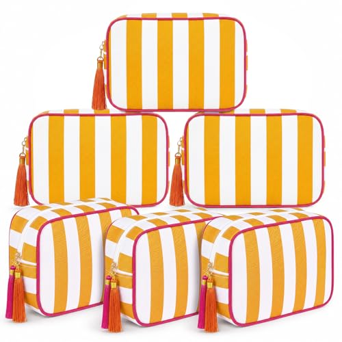Kacctyen 6 Pack Orange and White Striped Makeup Bag bulk with Tassel Travel Cosmetic Pouch Organizer Large Zipper Toiletry Case for Women Aesthetic Storage Pouch Mahjong Tile Bag - color: Orange and White