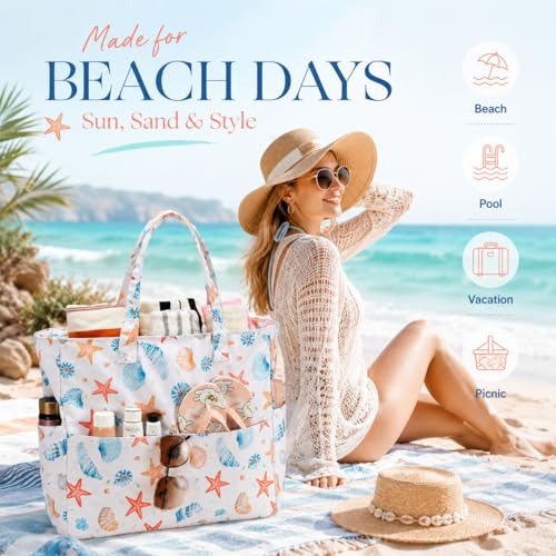 LEDAOU Beach Bag Waterproof Sandproof Women Beach Tote Pool Bag with Zipper for Swim Gym Grocery Travel with Wet Pocket | Sandproof - color: Starfish Shell