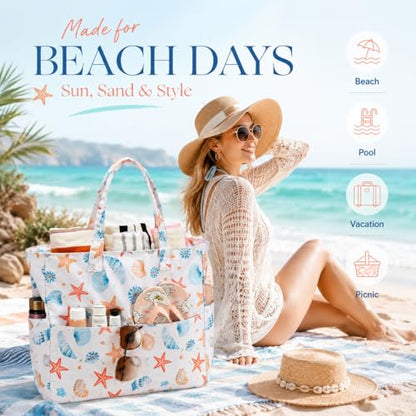 LEDAOU Beach Bag Waterproof Sandproof Women Beach Tote Pool Bag with Zipper for Swim Gym Grocery Travel with Wet Pocket | Sandproof - color: Starfish Shell