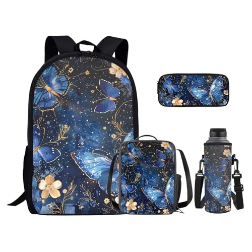 Blue Butterfly 17 Inch Backpack Set with Lunch Bag, Pencil Case, Water Bottle Holder for Girls, Children, School Supplies - color: Blue Butterfly