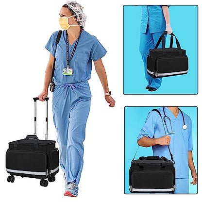 Medical Bag Rolling Roller Bag Trolley Duffel Nurses EMT CNA RN Empty for First Aid Responder Home Health Care Nursing Student Roll Duffle Bag Carry on Wheels Wheeled Work Physicians Doctor - color: Black