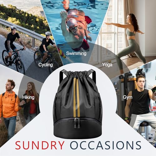 PinCute Drawstring Backpack for Women Men, Gym Bag for Soccer, Basketball, Swim, Beach, Water-Resistant Sports Backpack with Wet Pocket and Shoe Compartment, Black Gold - color: Black Gold