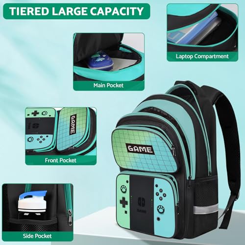 Kids Backpack For Boys，Gamer Boys Backpack For Children Teens Elementary Middle School, 17″ Students Bookbag - color: Backpack-sw-green & Blue