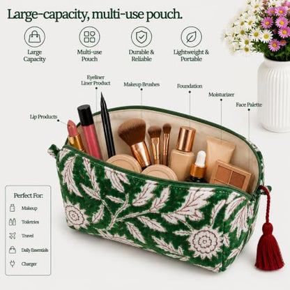 Huar Travel Makeup Bag - Large Capacity Cosmetic Bags for Women - color: Green Lotus