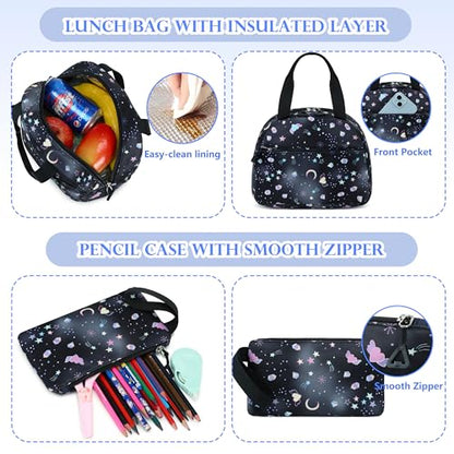 AO ALI VICTORY Backpack for Girls with Lunch Bag Pencil Case Kids School Bags for Kindergarten Elementary Middle Primary Schoolbag Cute 16 inch Laptop Bookbag Students 3 PCS Cute Bookbag, Black Set - color: Black Set