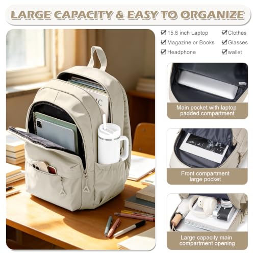 Casual Laptop Backpack for Women Men College Bookbag Waterproof Lightweight School Bag 15.6inch Laptop Daypack Large Capacity School Backpack for Teens Boys Girls (khaki) - color: Khaki
