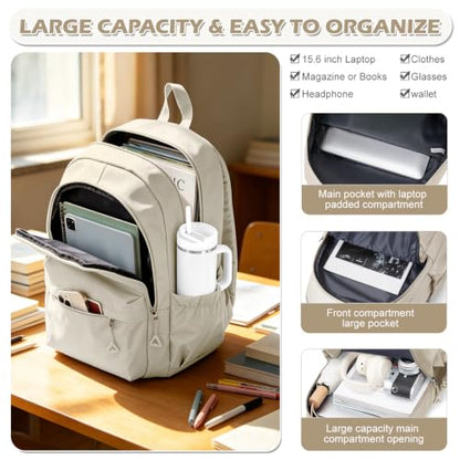 Casual Laptop Backpack for Women Men College Bookbag Waterproof Lightweight School Bag 15.6inch Laptop Daypack Large Capacity School Backpack for Teens Boys Girls (khaki) - color: Khaki