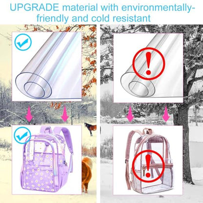 gxtvo 3PCS See Through Backpack Heavy-Duty Set for Women & Teen Girls, 17" Purple Transparent Bookbag with Rainbow Strap, Cute Chrysanthemum Clear School Bag - color: Purple Chrysanthemum Clear Backpack Set