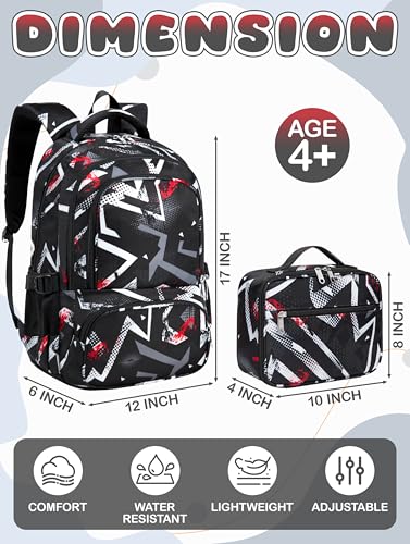 BLUEFAIRY Kids Backpack with Lunch Box for Girls Boys Elementary Primary Middle School Bag with Lunch Bag Set 17 Inch Bookbag Mochilas Escolares para Niñas Niños (Geometric, Black) - color: Black