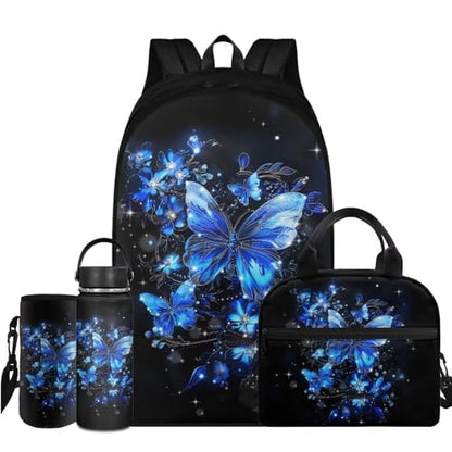 Flashideas Aesthetic Butterfly Backpack for Girls Kids Backpack with Lunch Box Insulated Water Bottle and Water Bottle Holder with Strap 4Pcs Set 17" Bookbag with Compartments Lightweight School Bag - color: Aesthetic Blue Butterfly