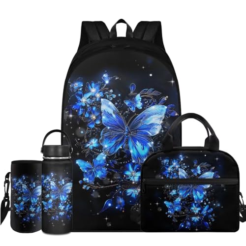 Flashideas Aesthetic Butterfly Backpack for Girls Kids Backpack with Lunch Box Insulated Water Bottle and Water Bottle Holder with Strap 4Pcs Set 17" Bookbag with Compartments Lightweight School Bag - color: Aesthetic Blue Butterfly