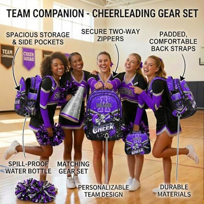 Personalized Girls Schoolbag Custom Cheerleader Backpack, 17 Inch Kids Back to School Cheer Daypack for Elementary Middle School Travel - color: Purple