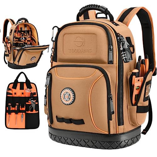 Tool Bag Backpack, 75 Pockets & Loops Canvas Heavy Duty Tools Organizer Bags/HVAC Tool Carrier for Electrician/Construction Work with Molded Base and Combination Lock - Brown - color: Brown