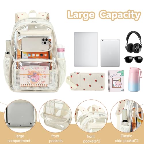 Bluboon Clear Backpack Heavy Duty Kids Boys Clear Bookbag See Through Backpacks with Pencil Case for College Work (Transparent Strawberry) - color: Transparent Strawberry
