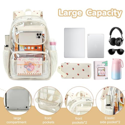 Bluboon Clear Backpack Heavy Duty Kids Boys Clear Bookbag See Through Backpacks with Pencil Case for College Work (Transparent Strawberry) - color: Transparent Strawberry