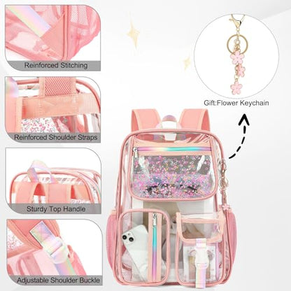 Clear Backpack for Girls Women, School Bookbag Heavy Duty See Through Backpacks (Rose pink) - color: Rose Pink
