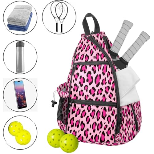 Pickleball Bag for Women & Men – Lightweight Sports Backpack with Paddle Compartments, Dual Carry Modes, Detachable Zippered Strap, Brown Leopard, Great Gift Option for Players - color: Pink Leopard