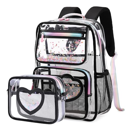 Clear Backpack for Girls,Transparent Backpacks Crossbody Bag for Kids Elementary School Student,Heavy Duty See Through Daypack 2PCS Bookbag Stadium Approved for Teen,College,Work,Travel,Concert Black - color: Black