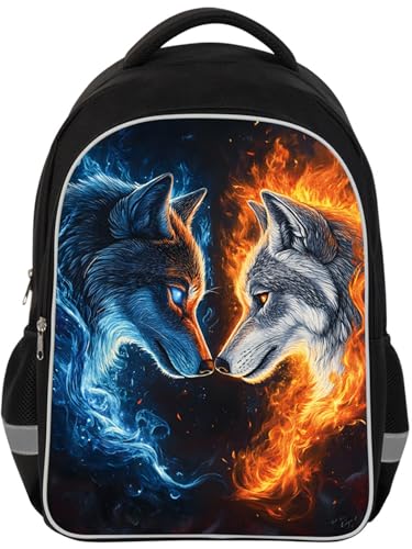 HiMagics Kids Backpack Lightweight Durable Teens Kids Backpack for School Boys and Girls Bookbag with Adjustable Shoulder Straps & Padded Back 17 Inch School bags with 3D Reflective Wolf Cartoon - color: A04-wolf