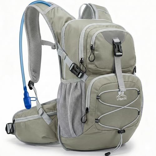 VPBAGE Hydration Backpack with 2L Bladder – Thermal Insulated Water Pack for Hiking, Skiing, Running – Lightweight Daypack for Men & Women, Soft-Lined Sunglasses Pocket & Large Waist Pockets - color: Light Gray