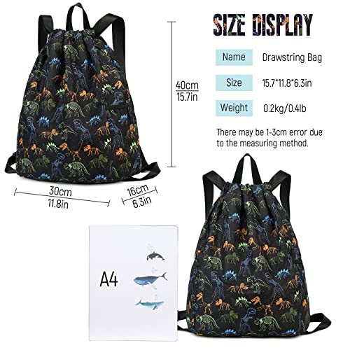 Dinosaur Drawstring Backpack Bulk for Kids Girls Boys Gym Dance String Bags Water Resistant Lightweight Colorful Skeleton Dinosaurs Black - color: Skeleton Dinosaur Black