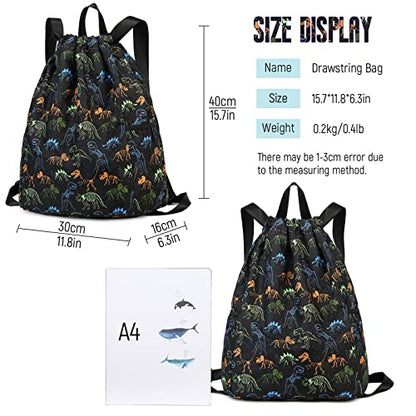 Dinosaur Drawstring Backpack Bulk for Kids Girls Boys Gym Dance String Bags Water Resistant Lightweight Colorful Skeleton Dinosaurs Black - color: Skeleton Dinosaur Black