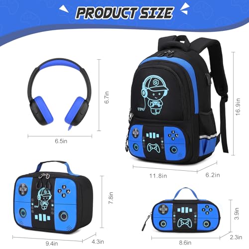 Bevalsa Backpack for School Boys,Cool Luminous Gamer Boys Backpacks with Wired Headphones Lunch Box Pencil Case,Kids Schoolbag for Teens Kindergarten Elementary School(Blue Backpack with Headphones) - color: Blue, style: Backpack With Headphones