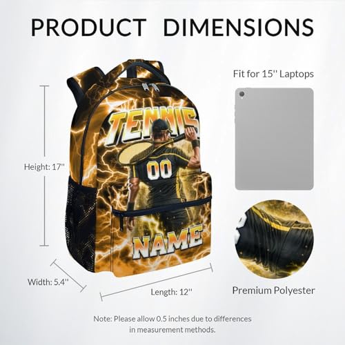 UNIKITTY Boys Tennis Backpack for Kids Personalized School Bag with Name Number, 17 Inch Custom Team Bookbag for Elementary Middle School Students Polyester Sports Daypack - color: Yellow